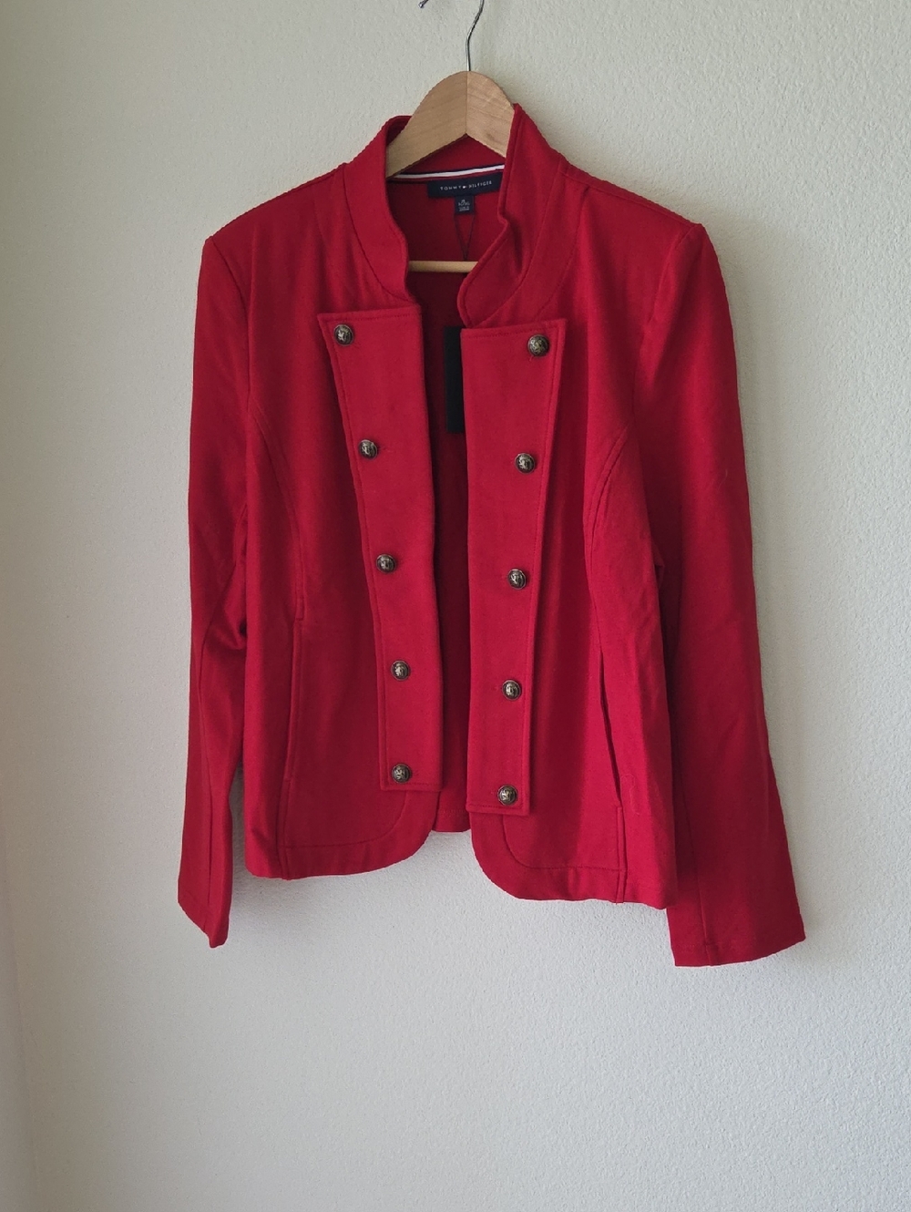 Tommy Hilfiger Red Military Style Band Jacket Double Breasted Open Front Sz XL